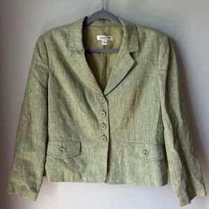 Coldwater Creek Linen Blazer Green Button Front Pockets Size Petite Medium PM